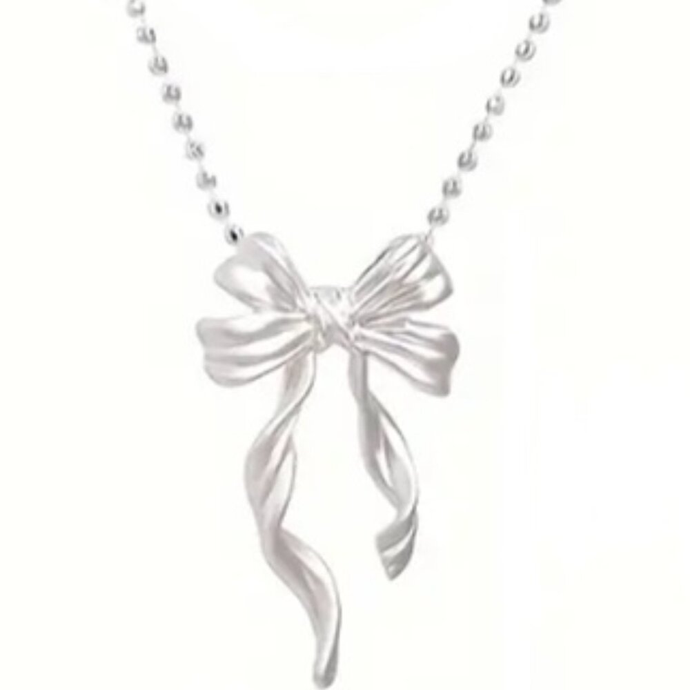 Elegant Sterling Silver 925 Ribbon Bow Pendant Necklace - Picture 1 of 4